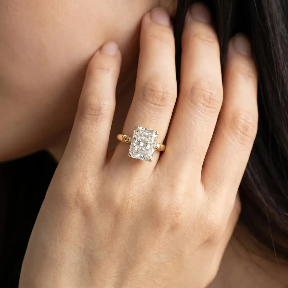 Radiant Cut Solitaire Beaded Band with Four-Prong Setting Yellow gold