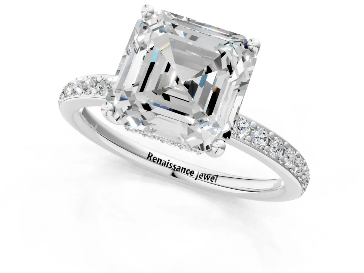 Asscher Cut Cut Diamond Pavé Band Ring with Four-Prong Setting Platinum