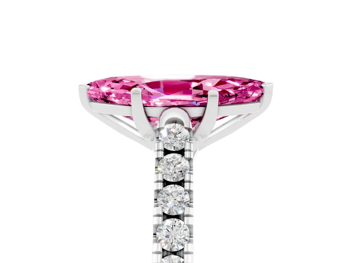 Marquise Cut Pink Sapphire Pavé Band Solitaire Ring with Prong Setting Silver