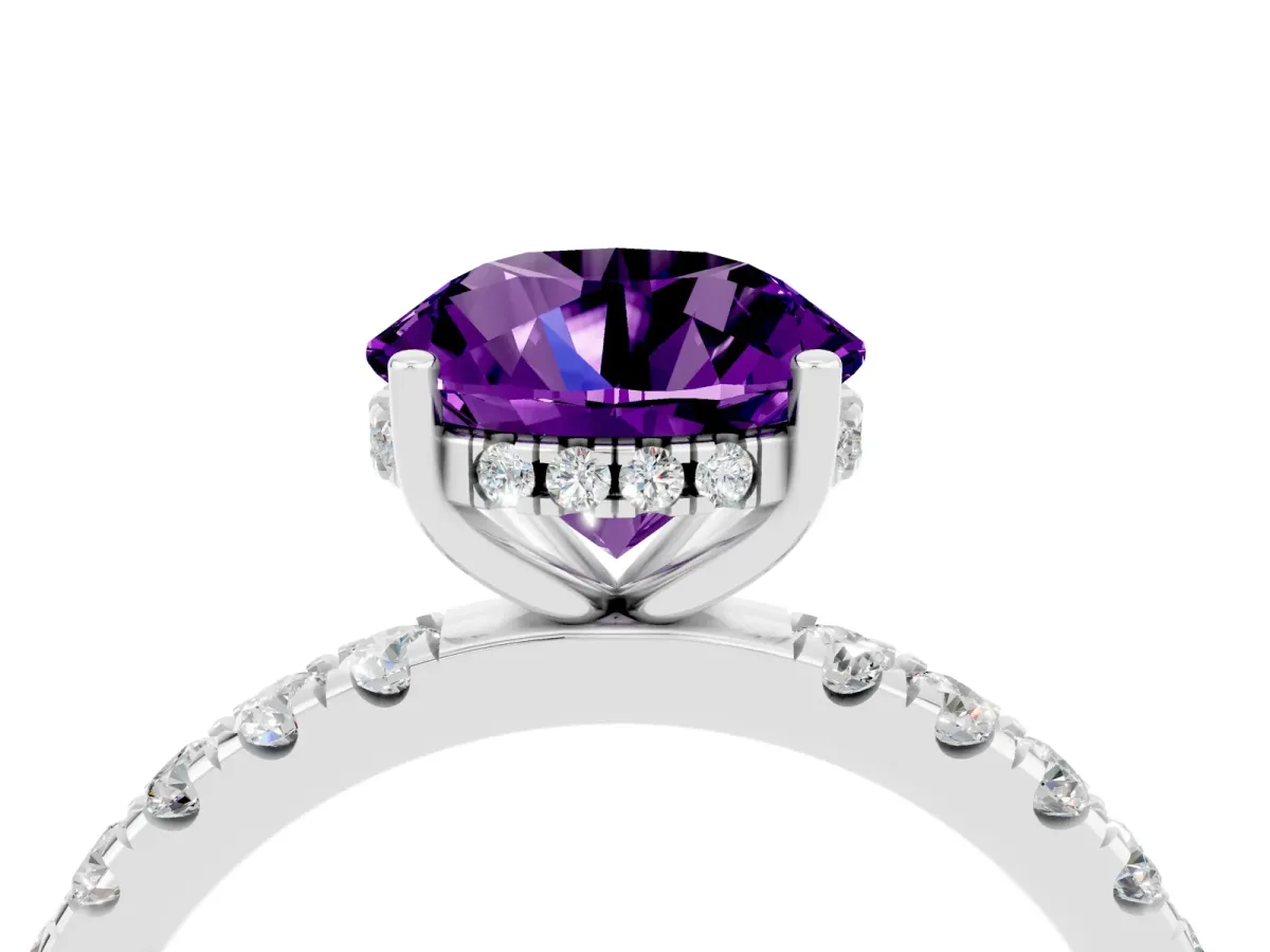 Round Cut Amethyst Pave Band Solitaire Ring with Round and Prong Setting Silver