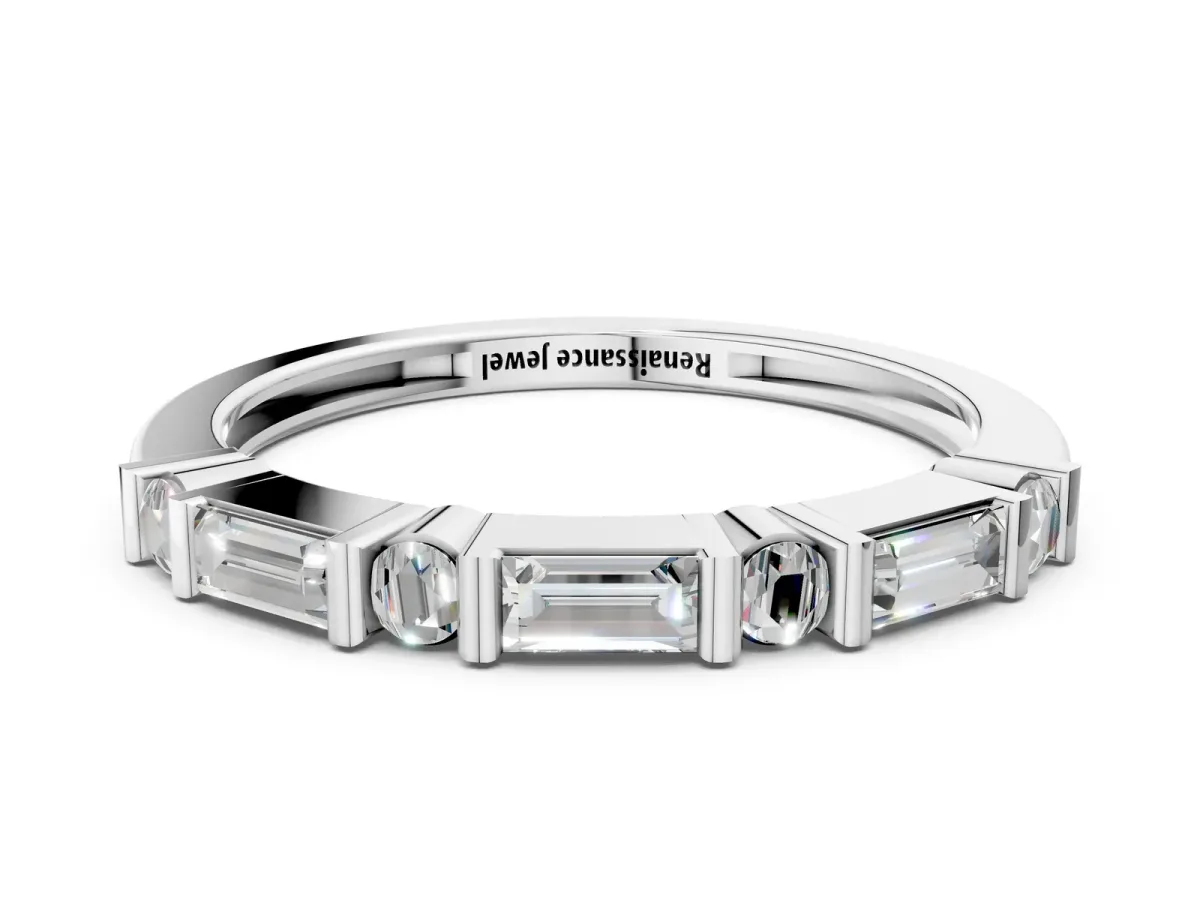 Baguette and Round Diamond Channel Set Half Eternity Band with Bar Prong Setting White gold
