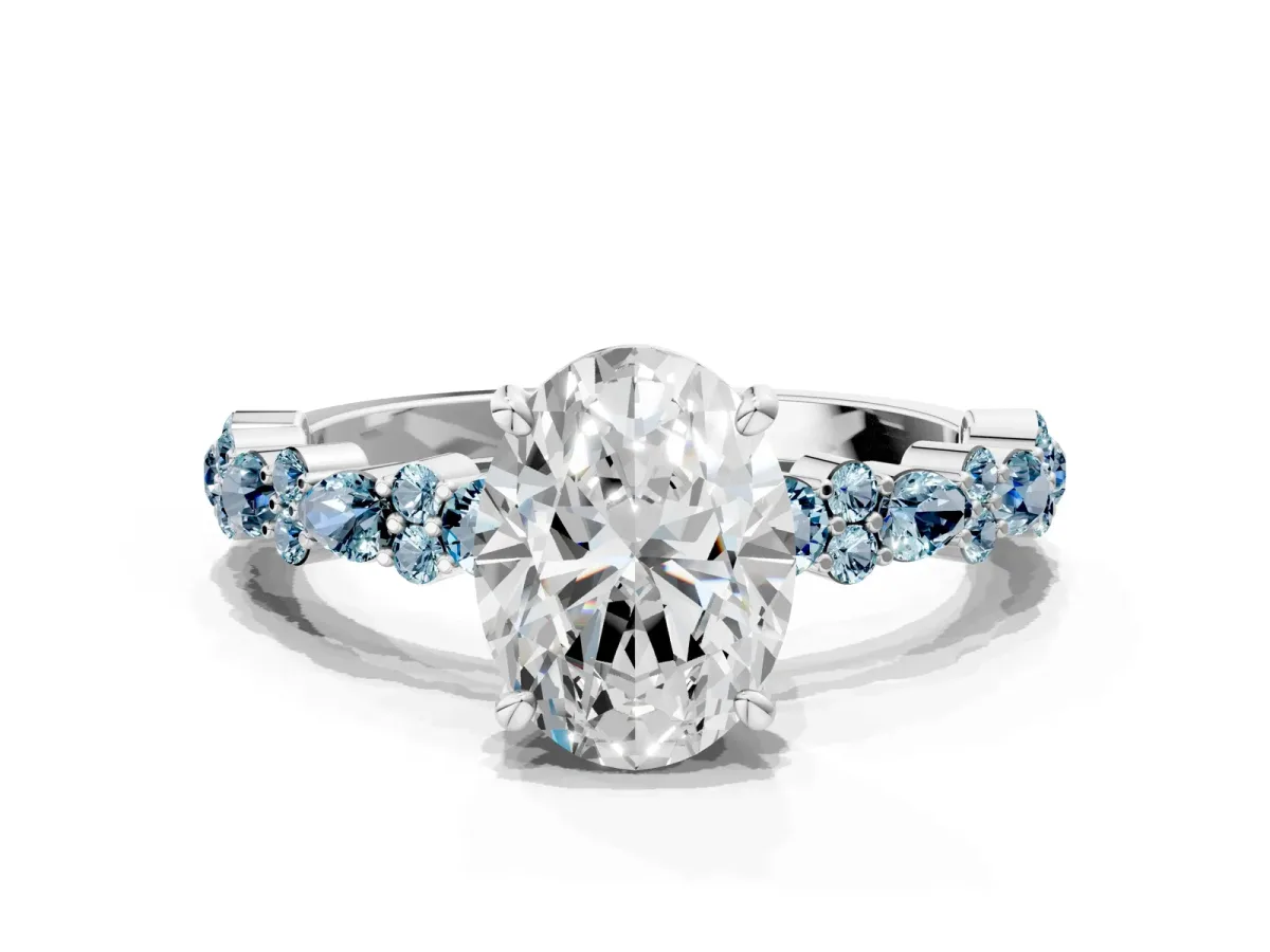 Oval Cut Diamond Side Stone Solitaire Ring with Round Aquamarine and Four-Prong Setting Silver