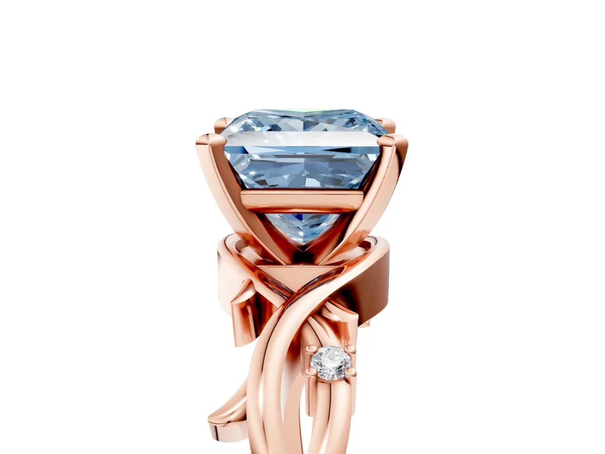 Fancy Blue Princess Cut Diamond Solitaire Ring with Twisted Band and Prong Setting Rose gold
