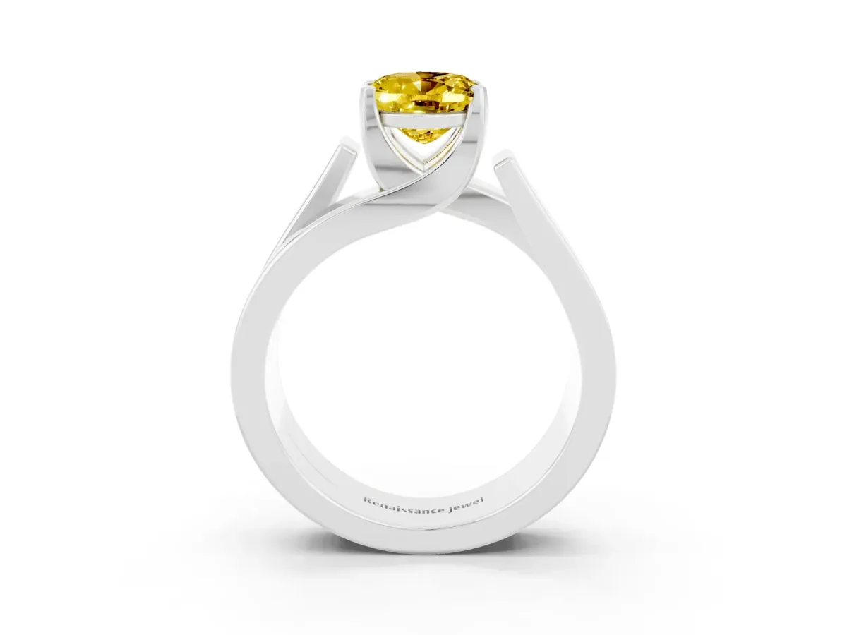 Modern Tension Set Oval Cut Yellow Sapphire Solitaire Wide Band Ring Silver
