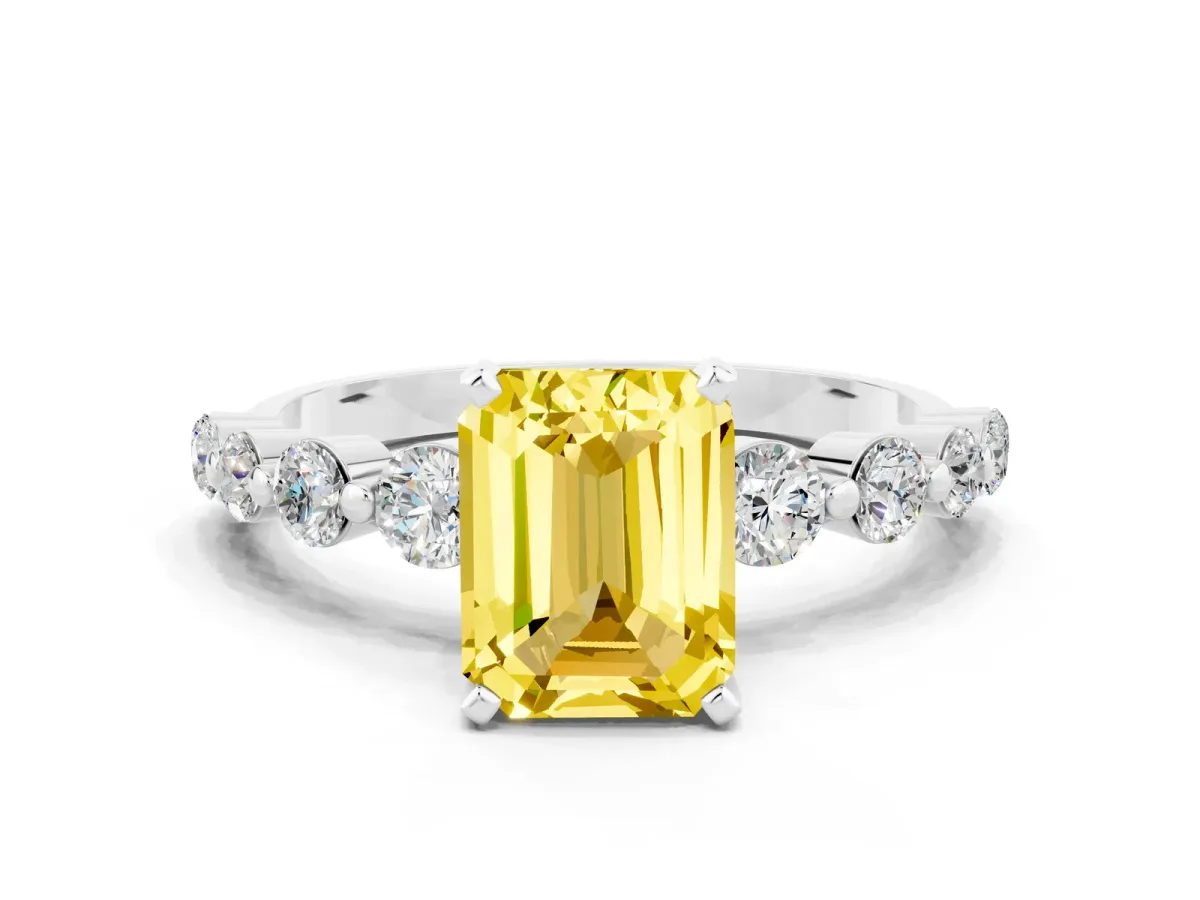 Emerald Cut Solitaire Yellow Sapphire Ring with Pave Band and Four-Prong Setting Silver