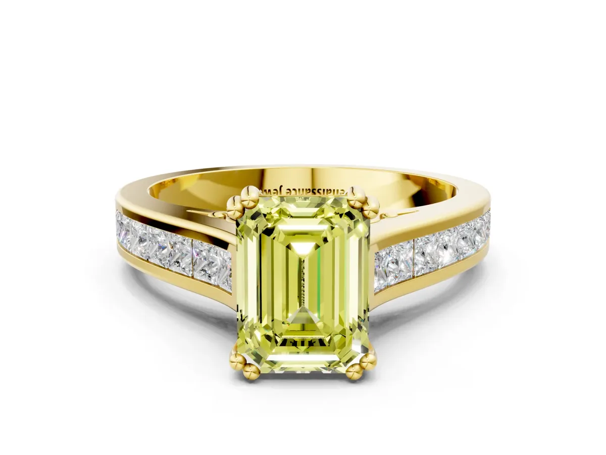 Fancy Yellow Emerald Cut Cut Channel Set Solitaire Engagement Ring with Prong Setting Yellow gold