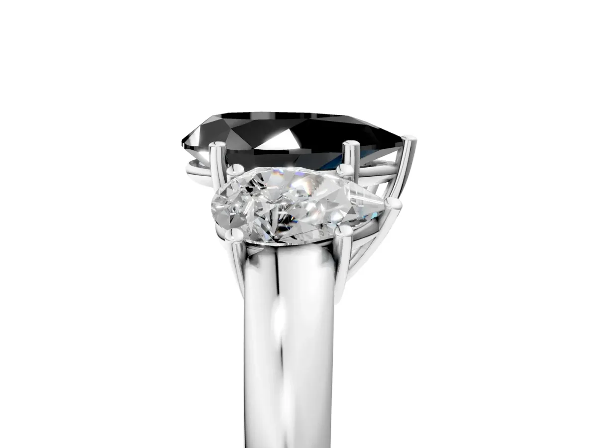 Fancy Black Pear Cut Diamond Three-Stone Ring with Four-Prong Setting and Classic Band White gold