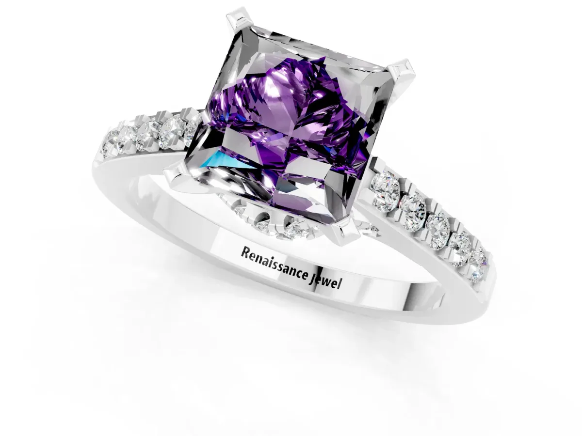 Princess Cut Amethyst Solitaire Ring with Crossover Gallery and Round Pavé Band Silver
