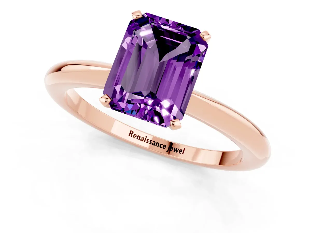 Emerald Cut Amethyst Solitaire Ring with Six-Prong Setting and Classic Band Rose gold