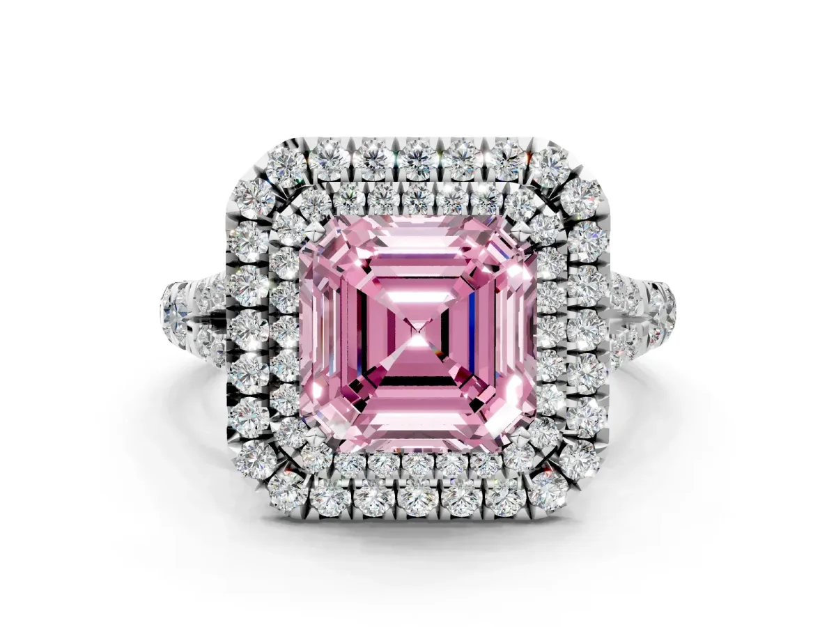 Fancy Pink Asscher Cut Cut Double Halo Split Shank Diamond Ring with Prong Setting Platinum