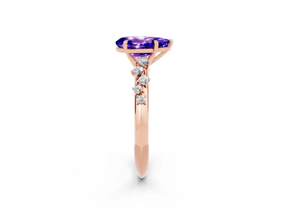 Pear Cut Tanzanite Cluster Side Stone Solitaire Ring with Prong Setting Rose gold