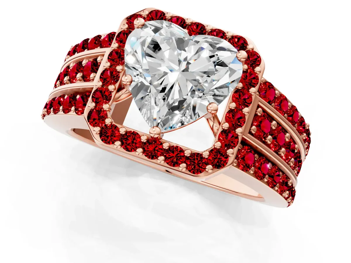 Heart Cut Halo Diamond Ring with Round Ruby Split Shank and Prong Setting Rose gold