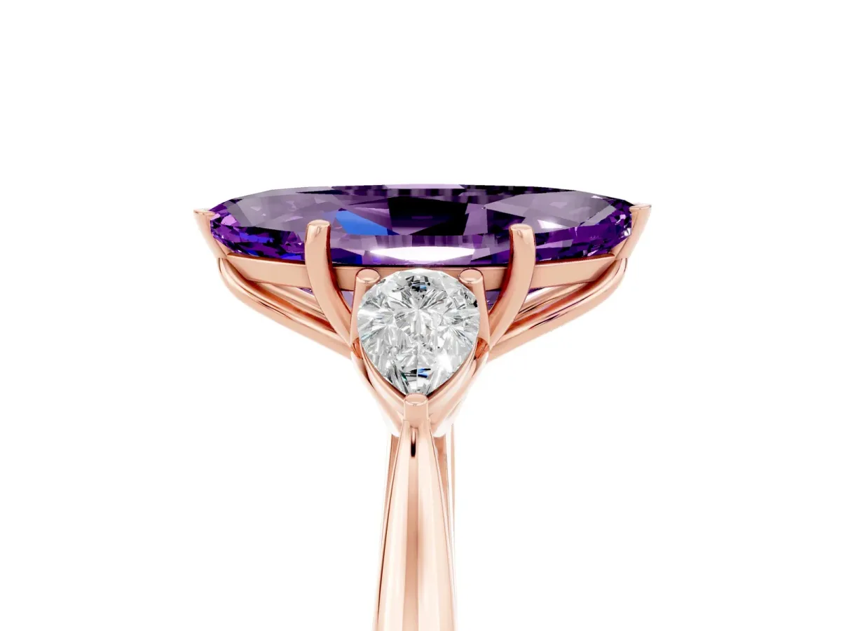 Marquise Cut Amethyst Three-Stone Ring with Pear Side Stones and Prong Setting Rose gold