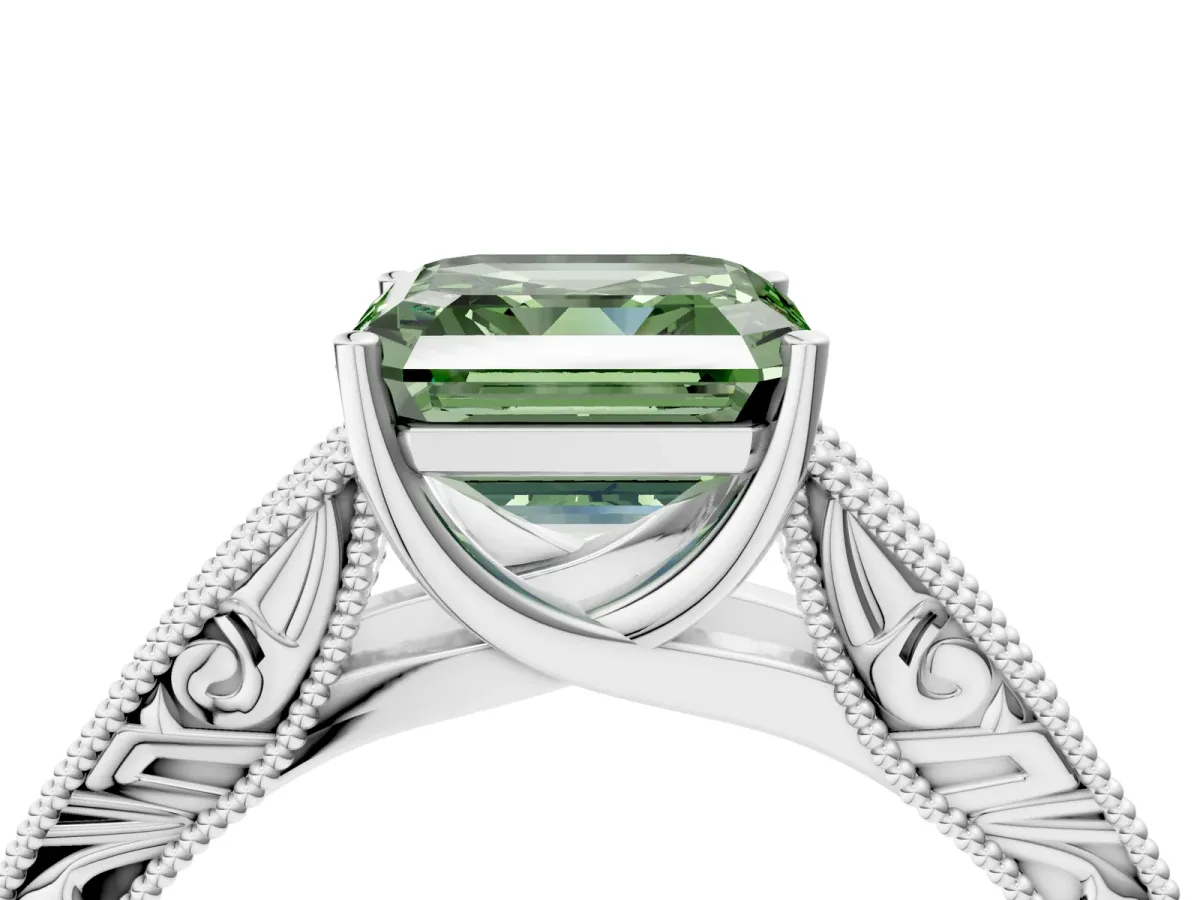 Fancy Green Asscher Cut Diamond Solitaire Ring with Engraved Band and Four-Prong Setting Platinum