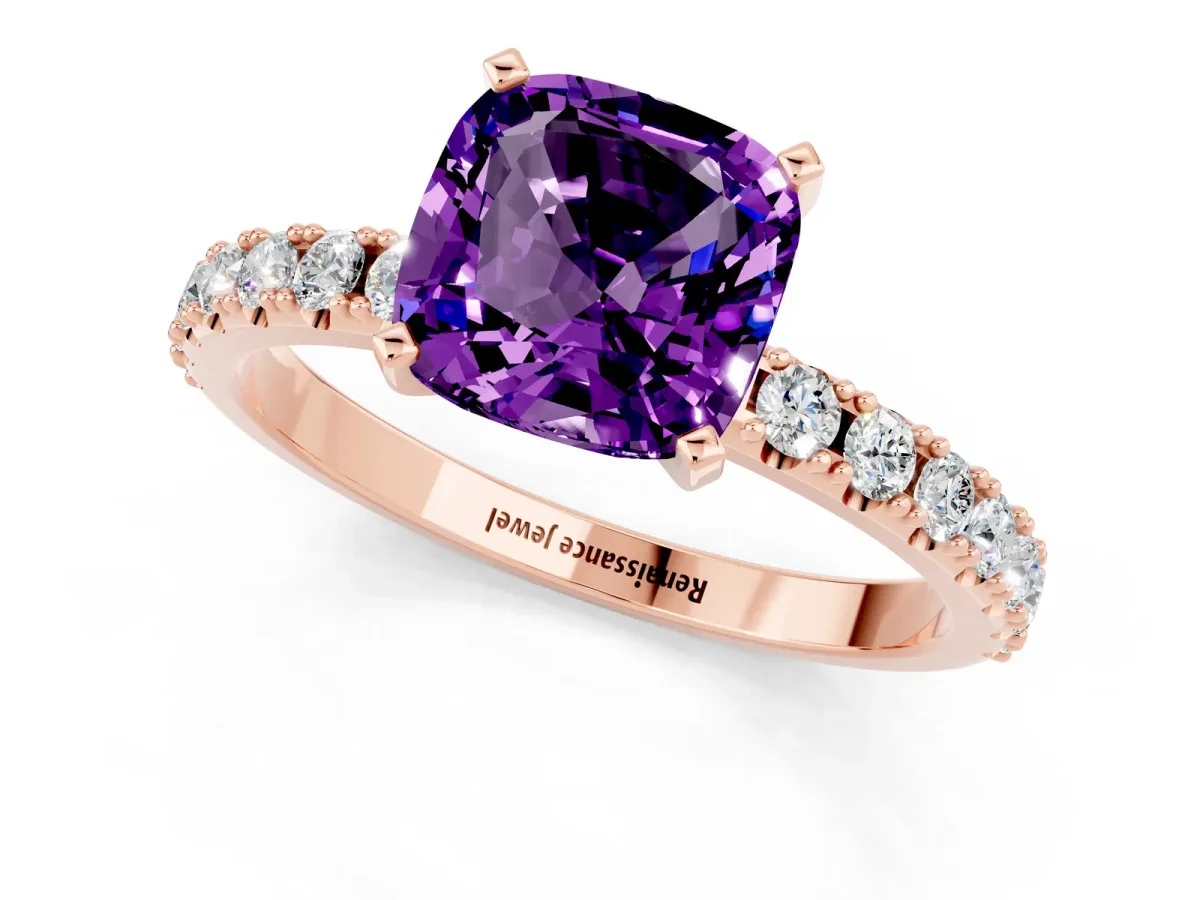 Cushion Cut Amethyst Solitaire Pavé Band with Four-Prong Setting Rose gold