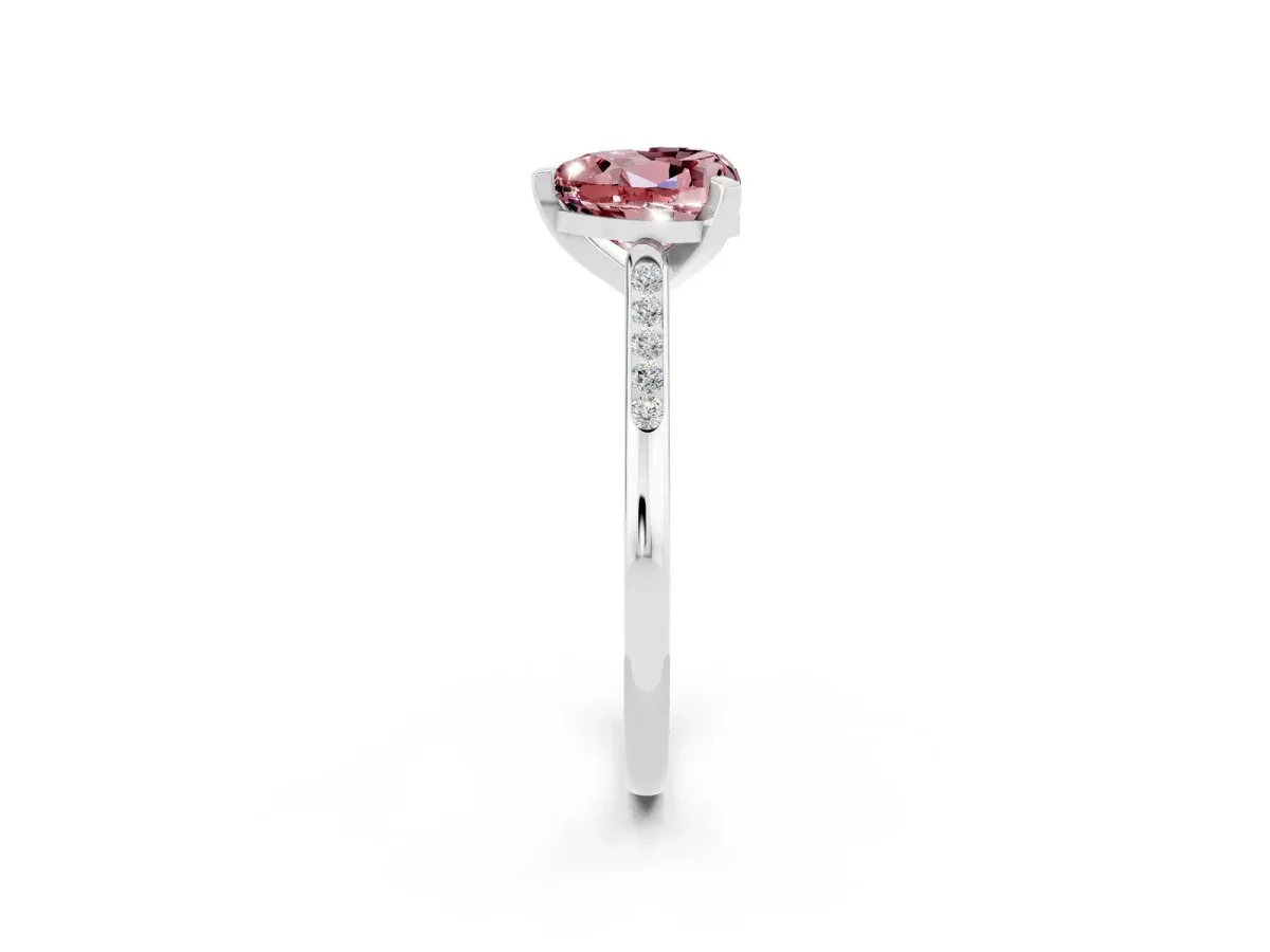 Heart Cut Morganite Solitaire Ring with Channel Set Round Band and Prong Setting Silver