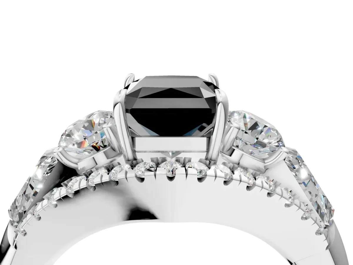 Fancy Black Three-Stone Radiant Cut Diamond Engagement Ring with Pave Band and Prong Setting Platinum