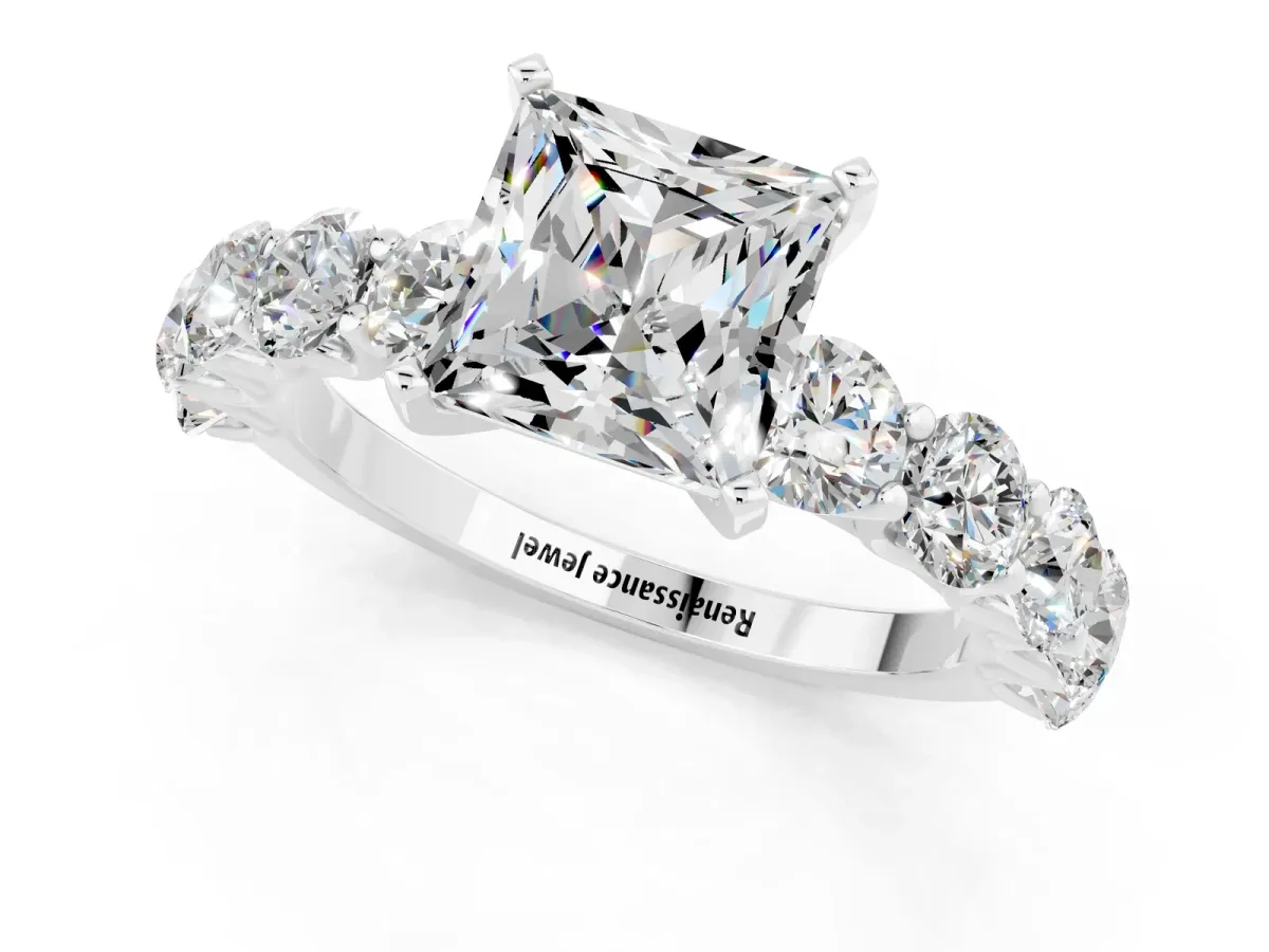 Princess Cut Moissanite Prong Setting with Side Stones on a Pave Band Silver