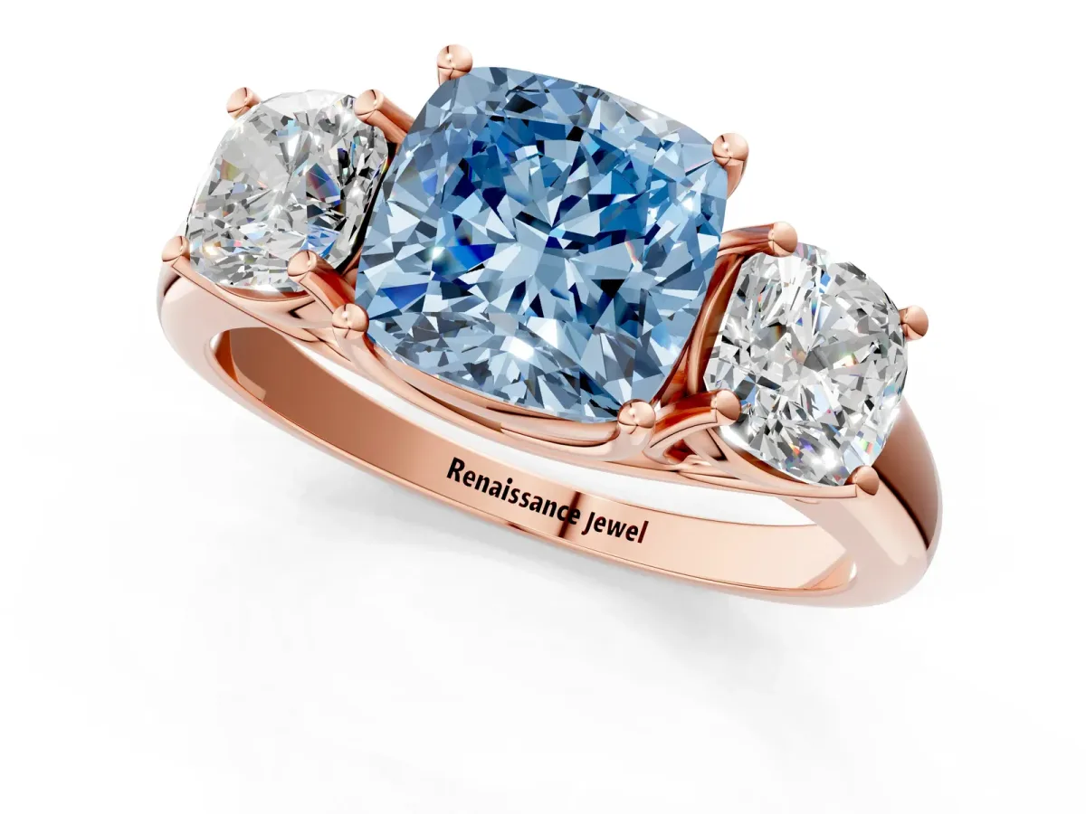 Fancy Blue Three-Stone Cushion Cut Diamond Engagement Ring with Prong Setting Rose gold