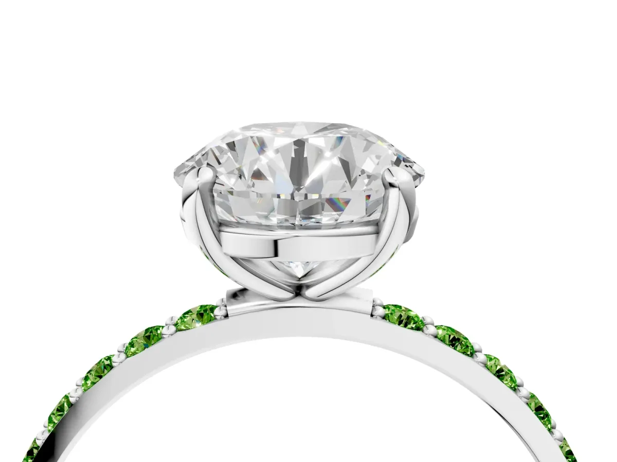 Round Cut Diamond Solitaire Ring with Round Peridot Pavé Band and Prong Setting Silver