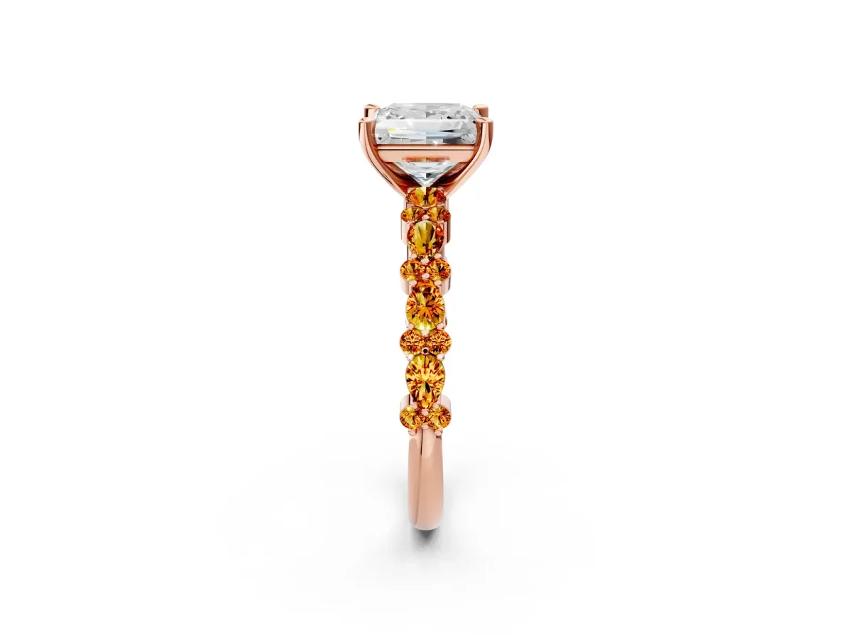Princess Cut Diamond Side Stone Solitaire Ring with Round Citrine and Four-Prong Setting Rose gold