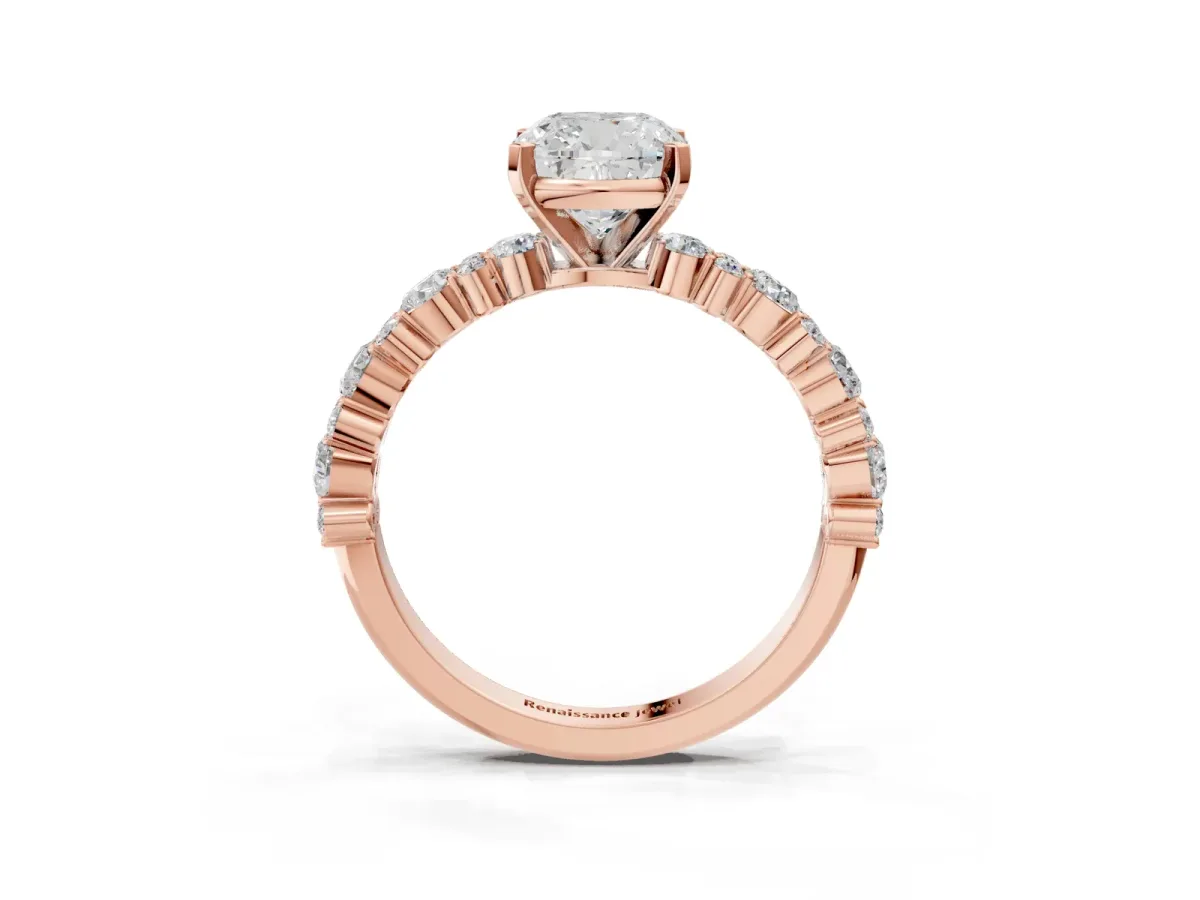 Cushion Cut Diamond Side Stone Solitaire Ring with Round and Four-Prong Setting Rose gold