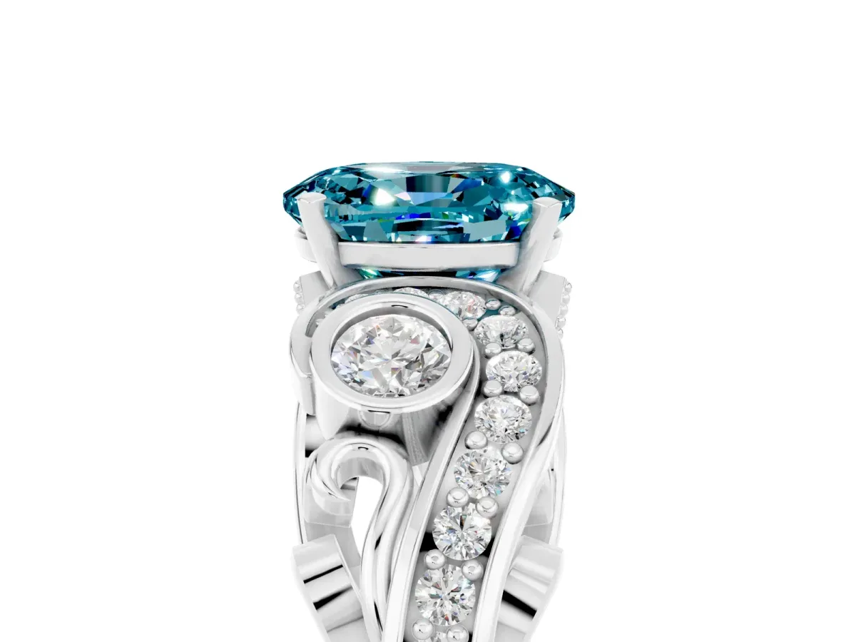 Oval Cut Blue Topaz Solitaire Ring with Milgrain Pavé Band and Four-Prong Setting Silver
