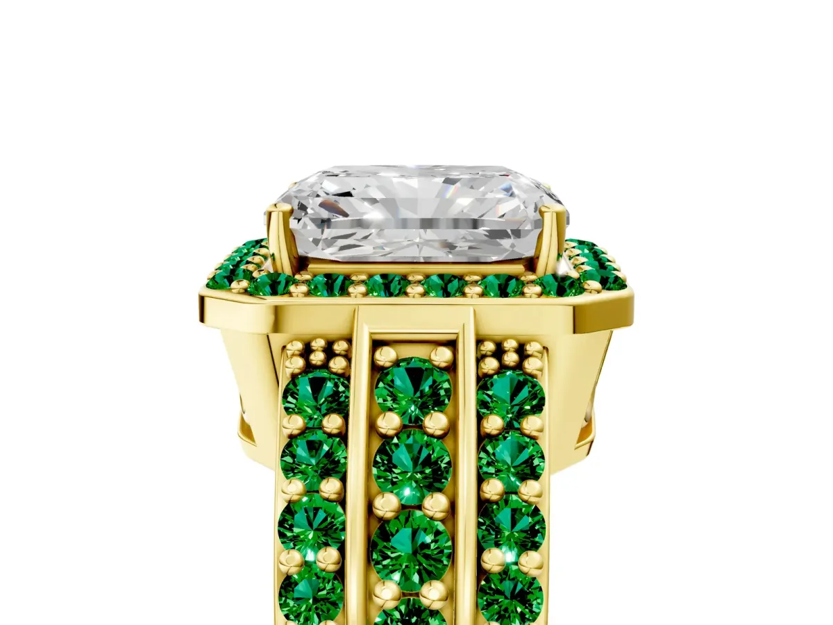 Radiant Cut Halo Diamond Ring with Round Emerald Split Shank and Prong Setting Yellow gold
