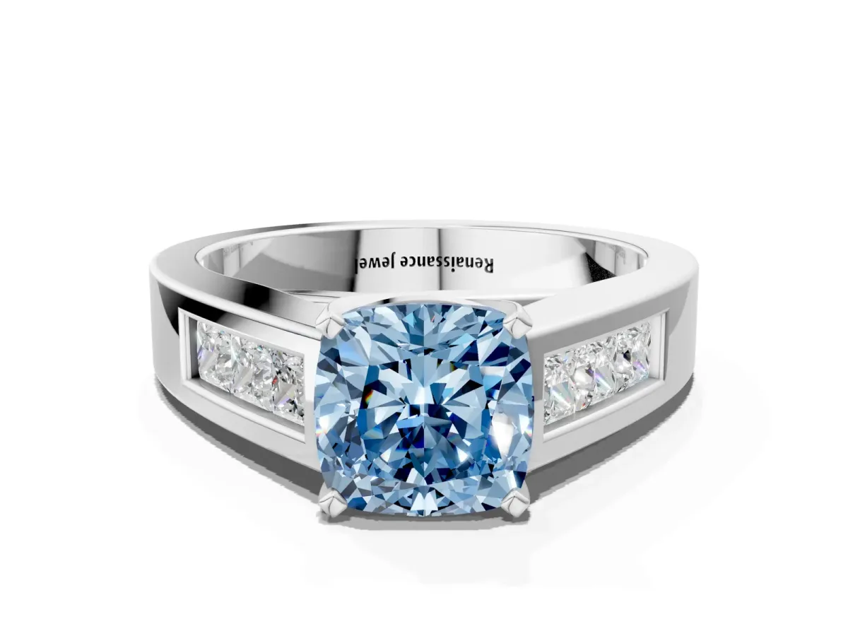 Fancy Blue Cushion Cut Cut Channel Set Solitaire Ring with Four-Prong Setting Platinum