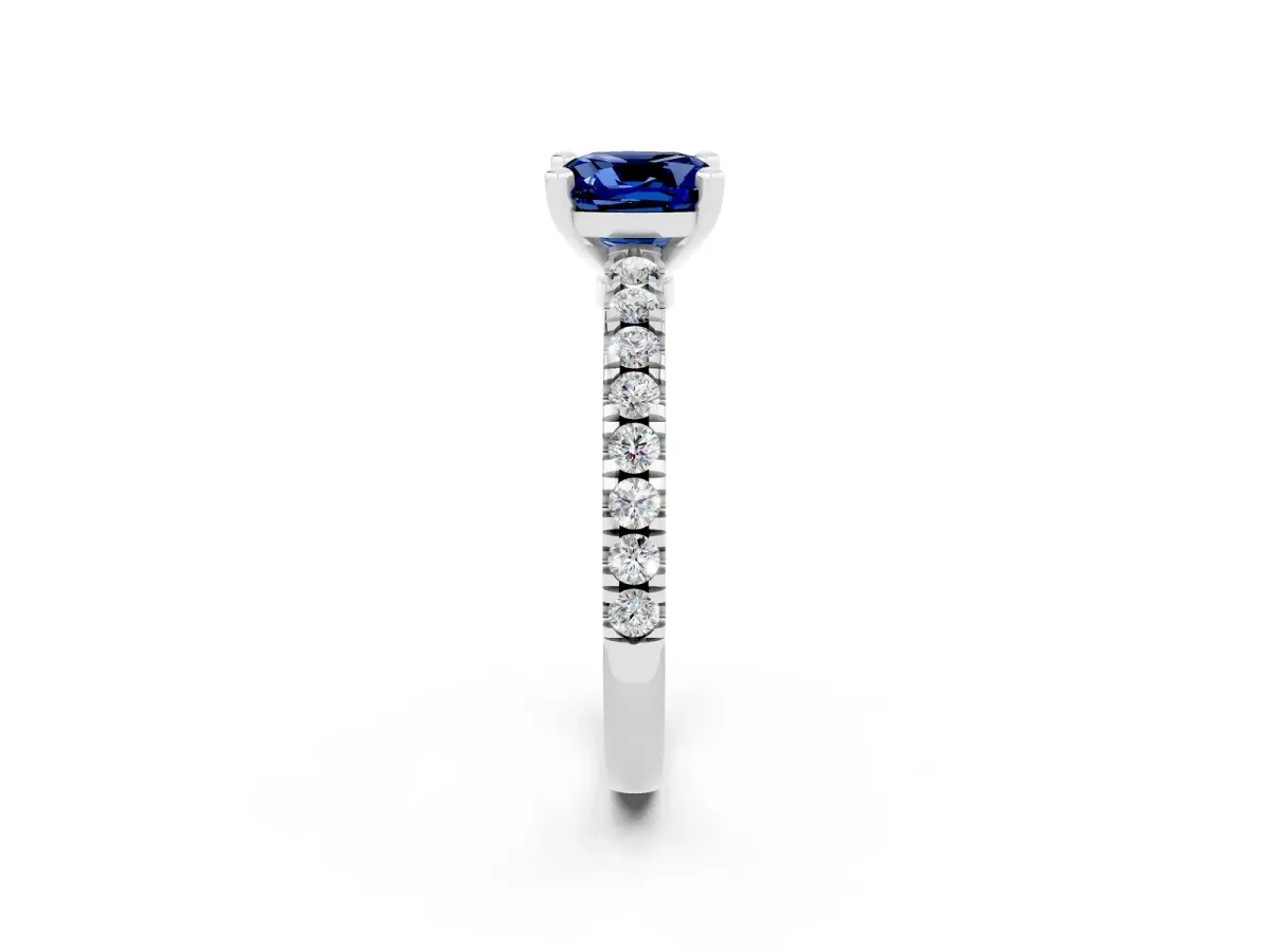 Cushion Cut Solitaire Blue Sapphire with Pavé Band and Four-Prong Setting Silver