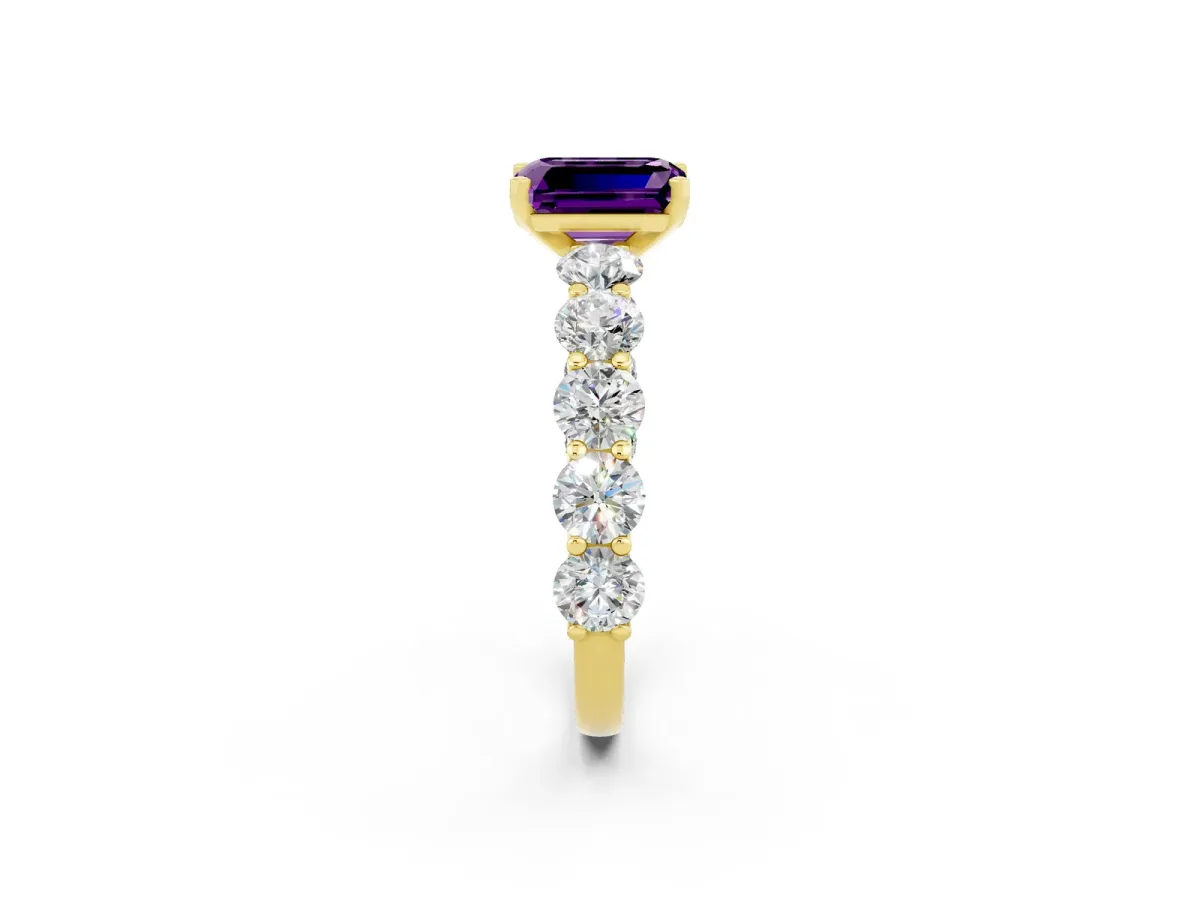 Emerald Cut Amethyst Prong Setting with Side Stones on a Pave Band Yellow gold
