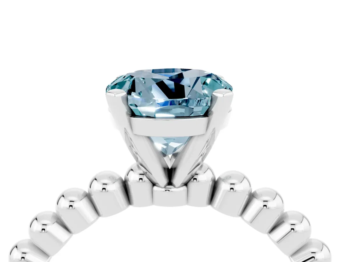 Round Cut Aquamarine Solitaire Ring with Beaded Band and Prong Setting Silver