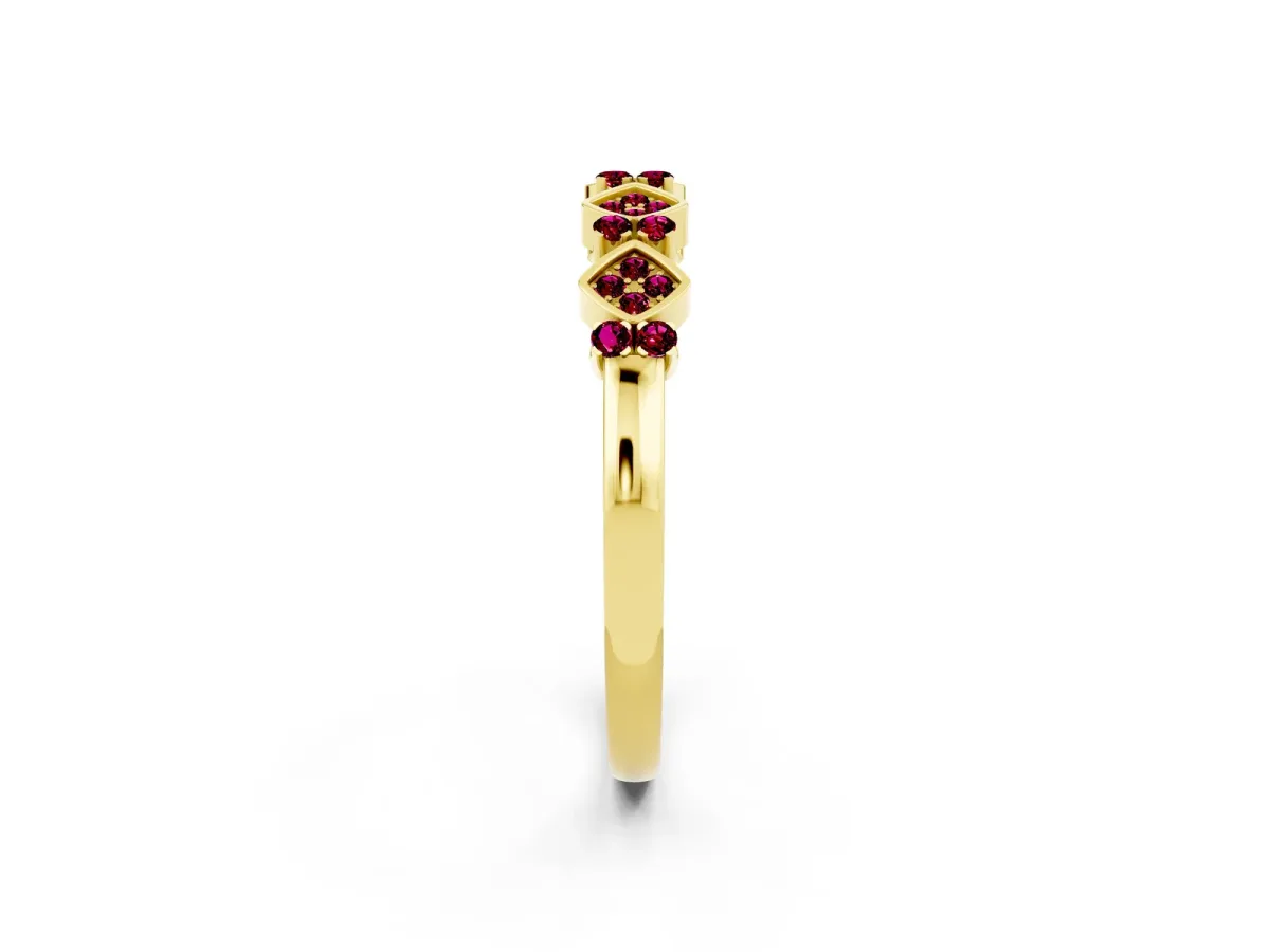 Pavé Cushion Garnet Cluster Eternity Band with Prong Setting Yellow gold