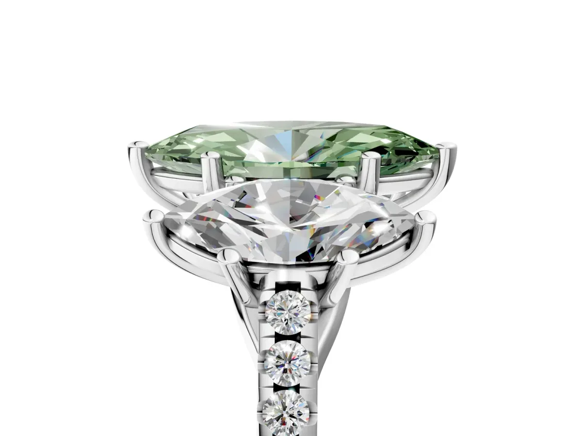 Fancy Green Three-Stone Marquise Cut Diamond Ring with Round Pavé Band and Prong Setting Silver