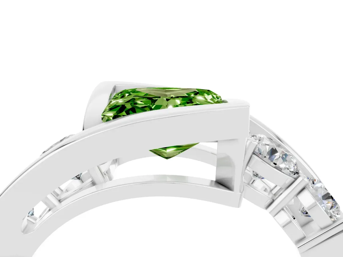 Bezel Set Princess Cut Peridot Bypass Ring with Round Accents Silver