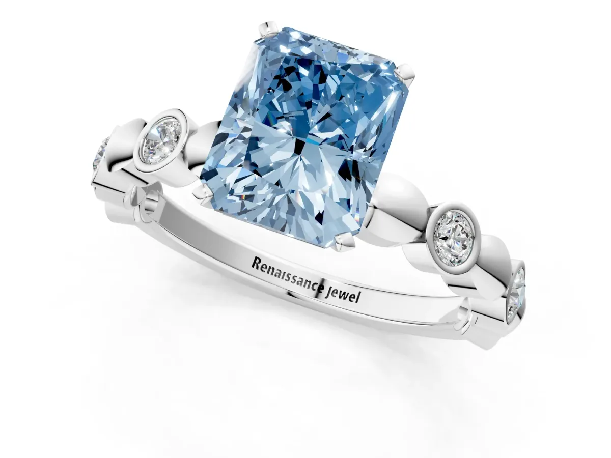 Fancy Blue Radiant Cut Solitaire Bezel-Set Diamond Ring with Beaded Band and Four-Prong Setting Platinum