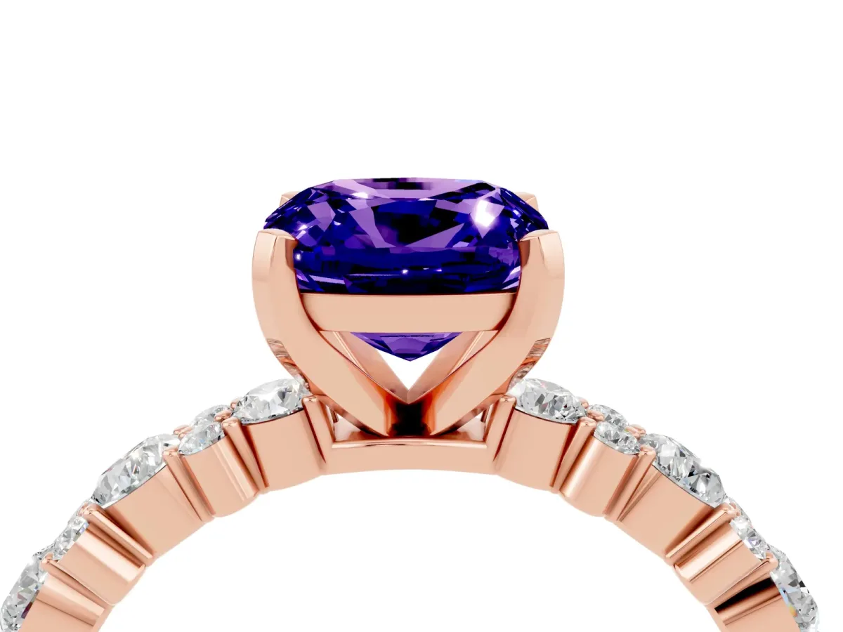Cushion Cut Tanzanite Side Stone Solitaire Ring with Round and Four-Prong Setting Rose gold