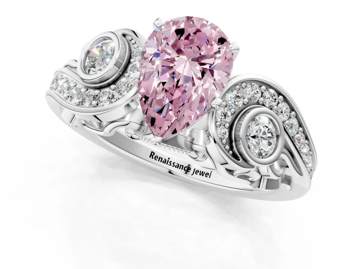 Fancy Pink Pear Cut Diamond Solitaire Ring with Milgrain Pavé Band and Four-Prong Setting Silver
