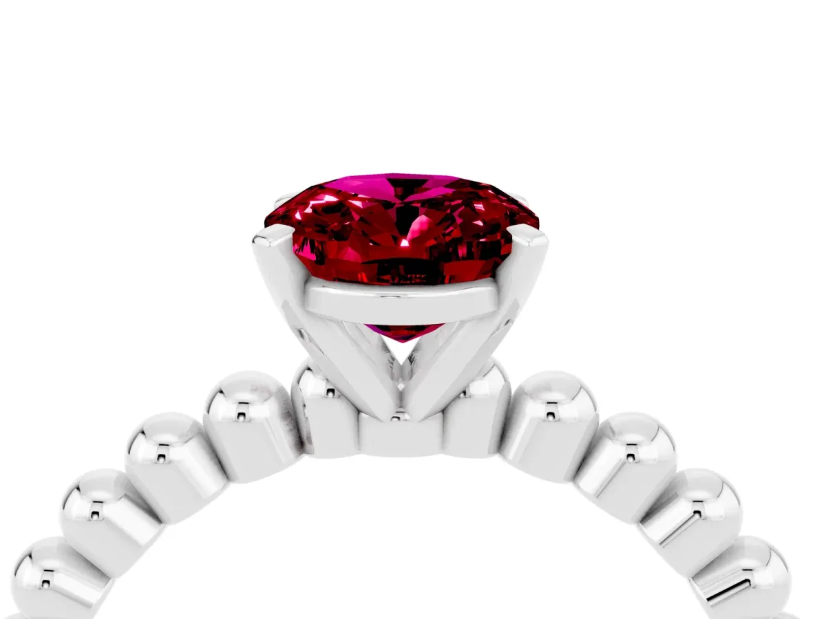 Oval Cut Garnet Solitaire Ring with Beaded Band and Prong Setting Platinum