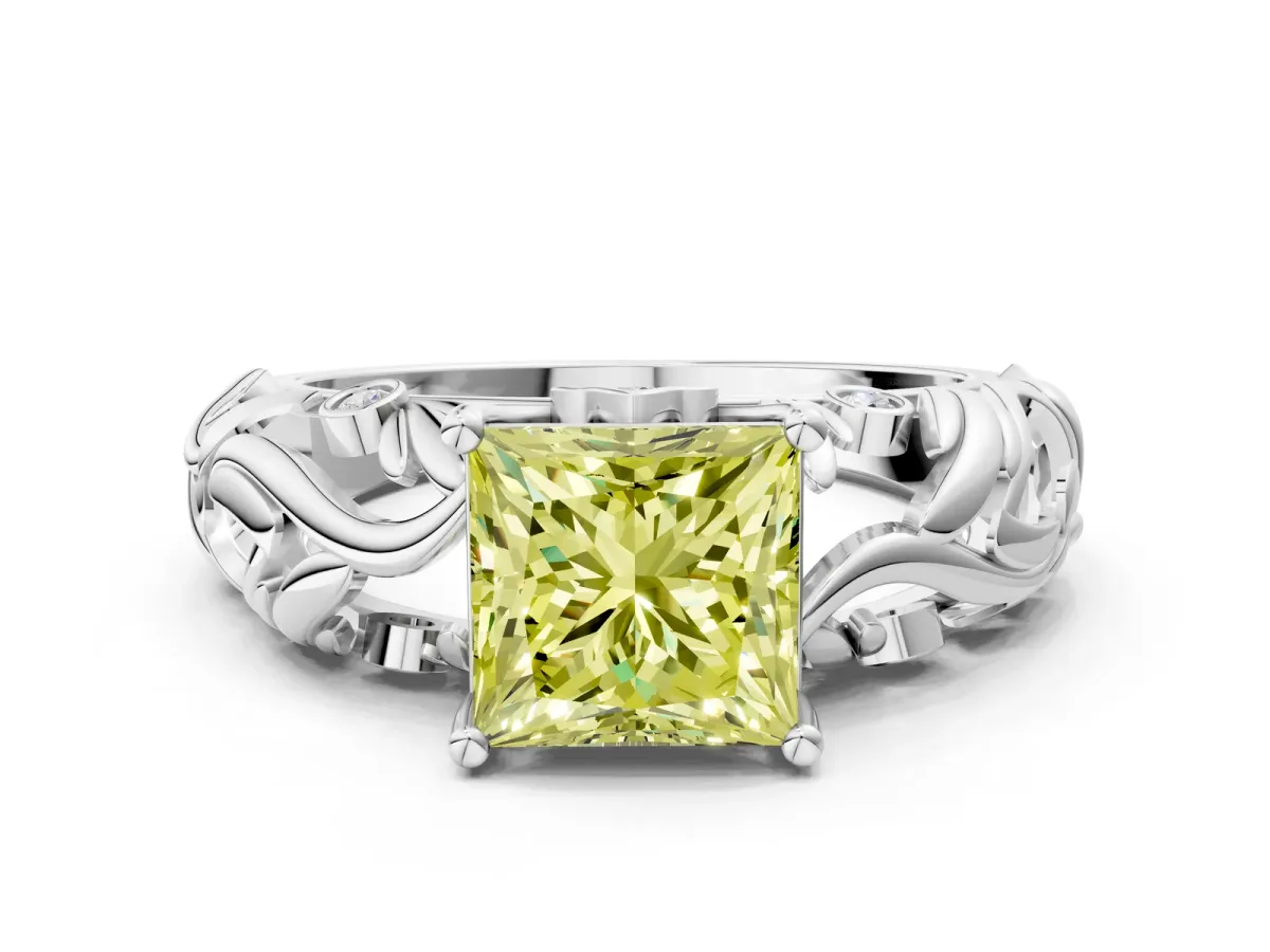Fancy Yellow Princess Cut Solitaire Diamond Leaf-Inspired Vine Band Ring with Prong Setting White gold