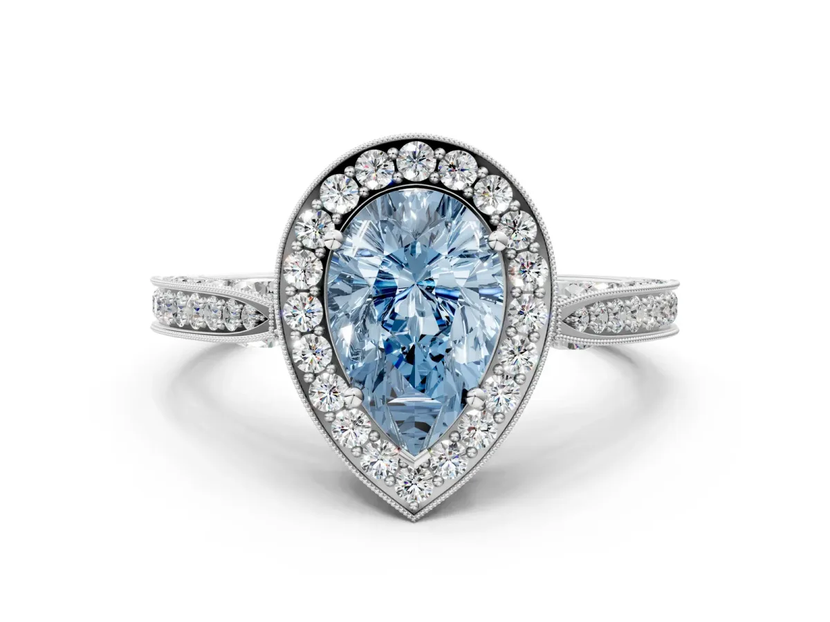Fancy Blue Pear Cut Halo Diamond Engagement Ring with Split Shank Band and Four-Prong Setting Platinum