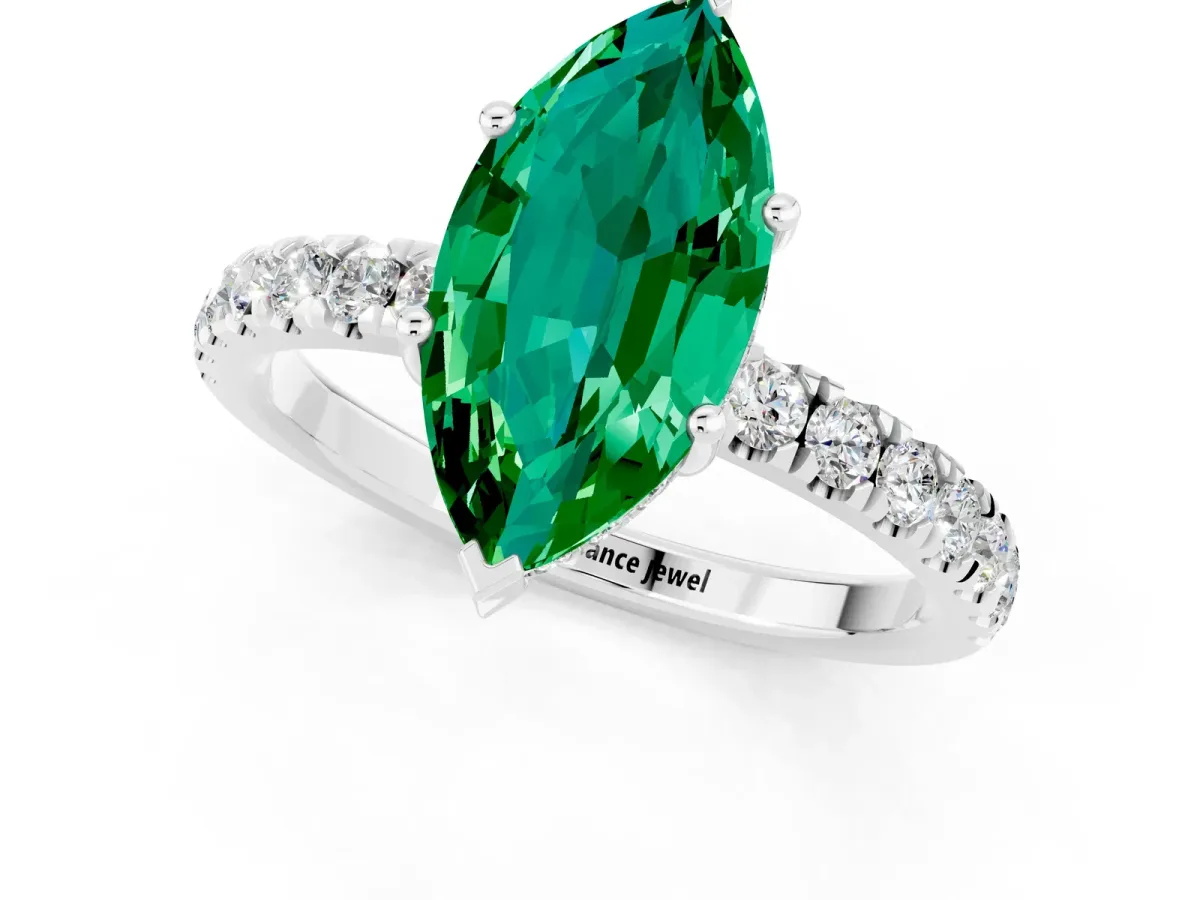 Marquise Cut Emerald Pave Band Solitaire Ring with Round and Prong Setting Platinum