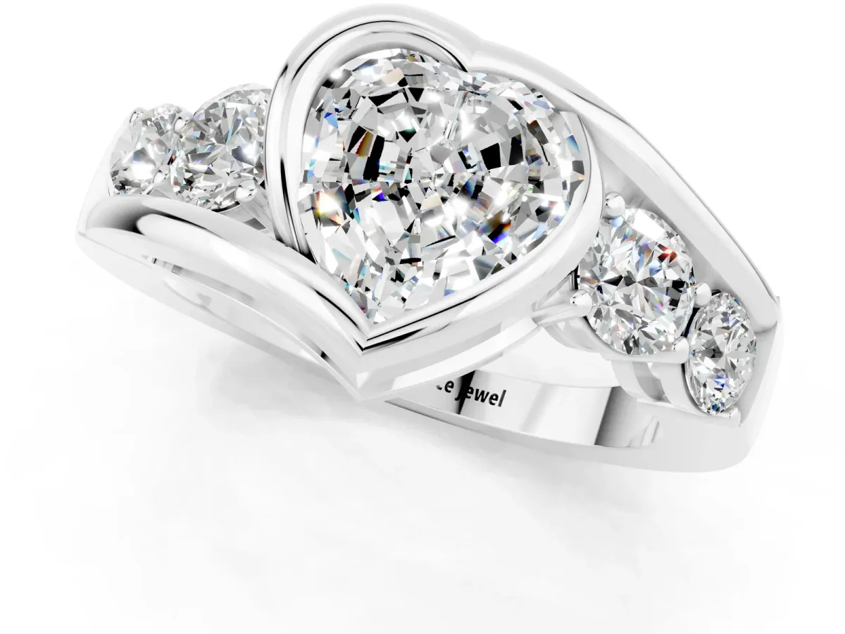 Bezel Set Heart Cut Moissanite Bypass Ring with Round Accents Silver