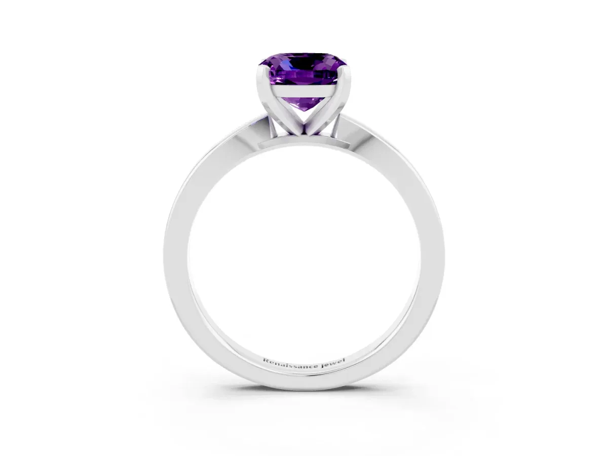 Cushion Cut Amethyst Solitaire Engagement Ring with Classic Band and Four-Prong Setting Silver