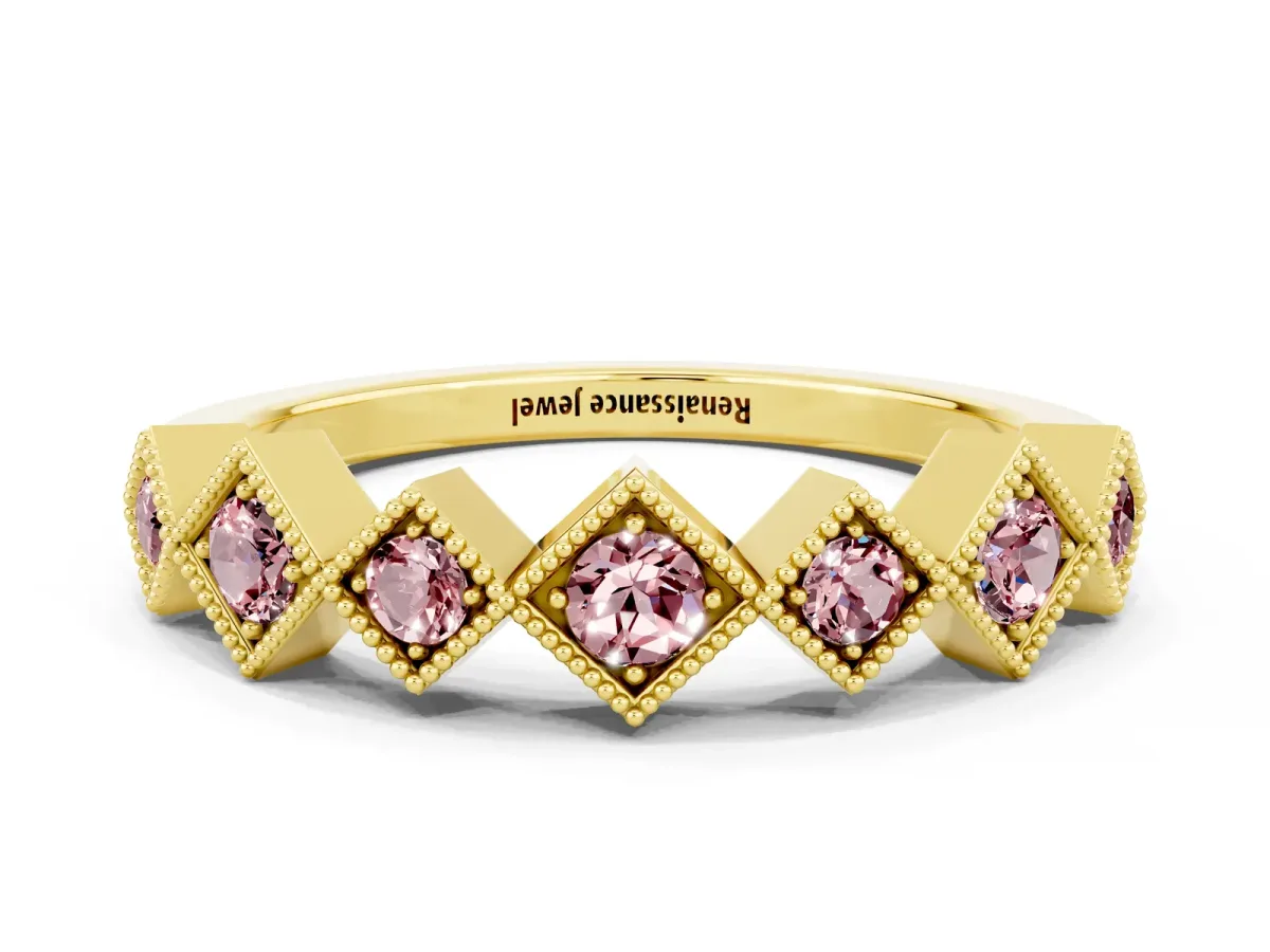 Milgrain Square Bezel Round Morganite Chevron Band Yellow gold