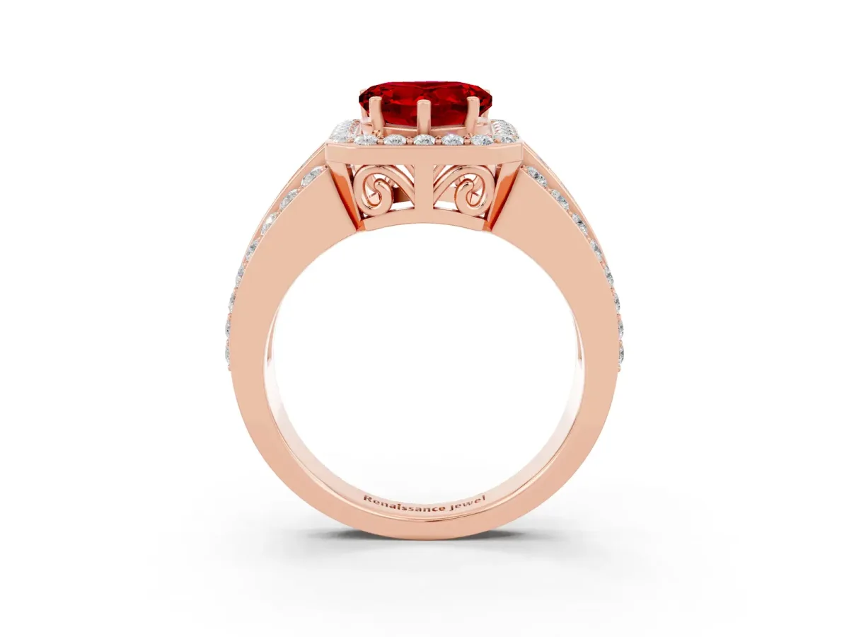 Heart Cut Halo Ruby Ring with Round Split Shank and Prong Setting Rose gold