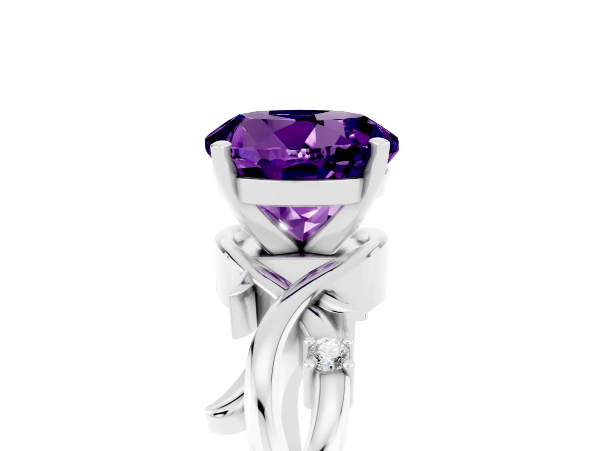 Round Cut Amethyst Solitaire Ring with Twisted Band and Prong Setting Silver
