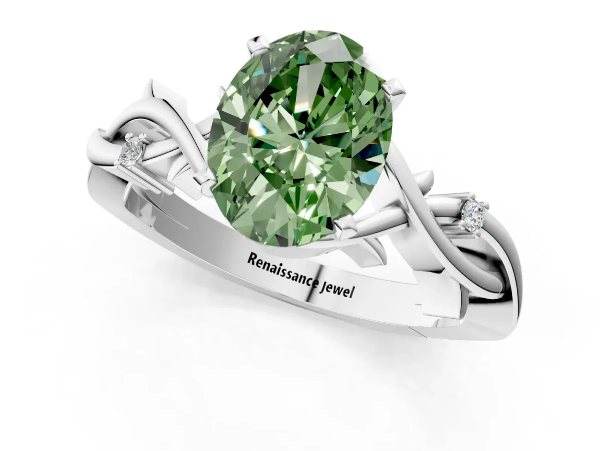 Fancy Green Oval Cut Diamond Solitaire Ring with Twisted Band and Prong Setting Silver