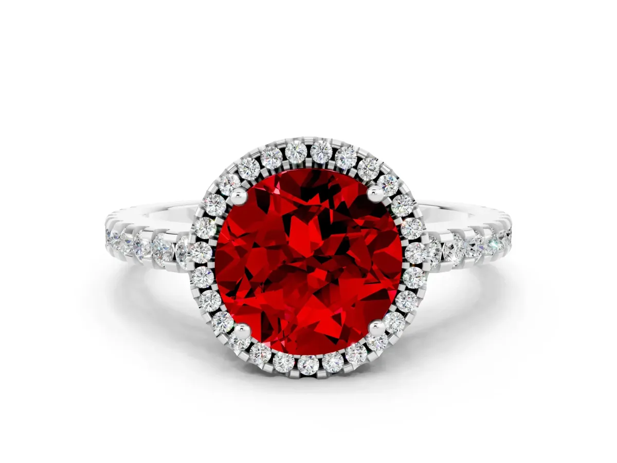 Round Cut Ruby Halo Engagement Ring with Pavé Band and Prong Setting White gold