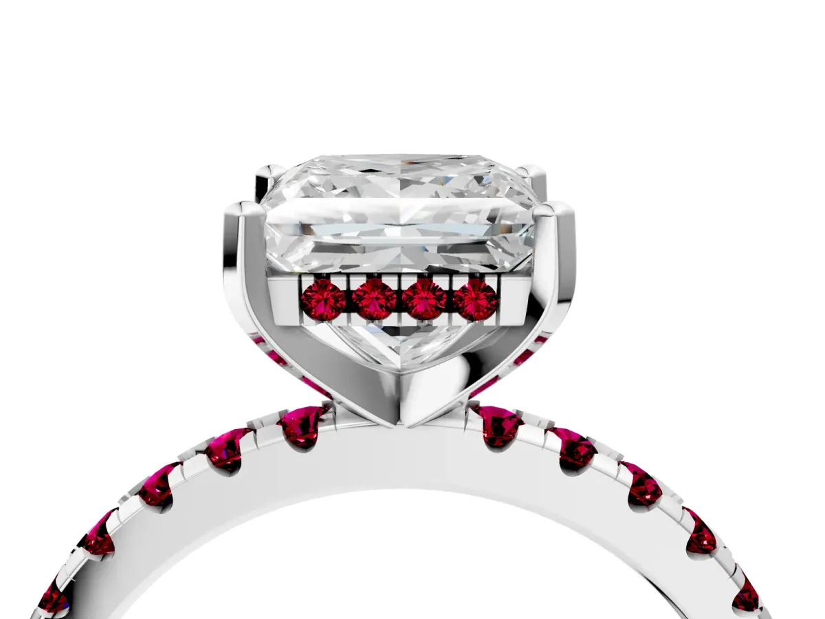 Princess Cut Diamond Solitaire Ring with Round Garnet Pavé Band and Four-Prong Setting Silver